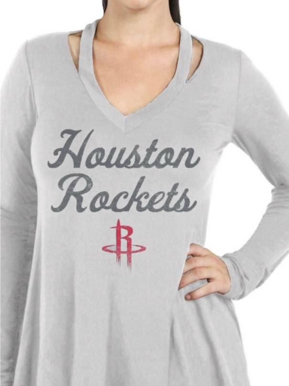 Houston Rockets Women's Gray Long Sleeve V-Neck Top
